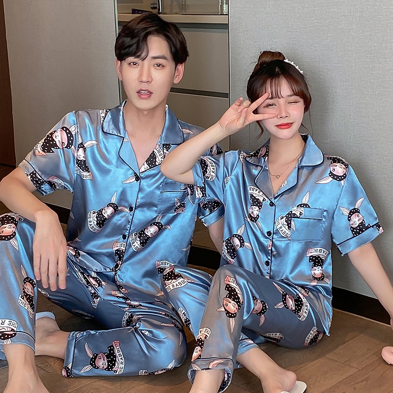 Plus Bộ Đồ Ngủ Tay Ngắn Vải Lụa Satin Thời Trang Cho Nam Và Nữ Size M-5Xl