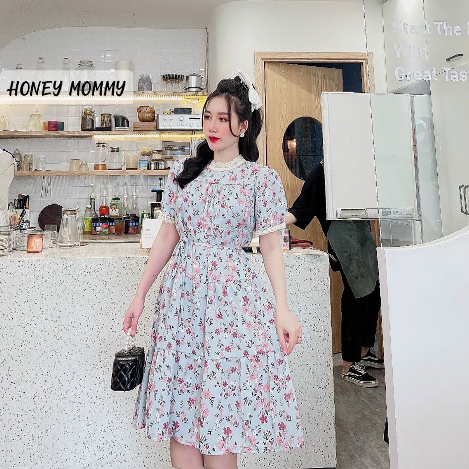 Váy Bầu Voan Hoa Nhí Cổ Ren Kèm Dây Buộc HD2835 Honey Mommy Đầm Bầu Hè Ngắn Tay Công Sở Đi Chơi