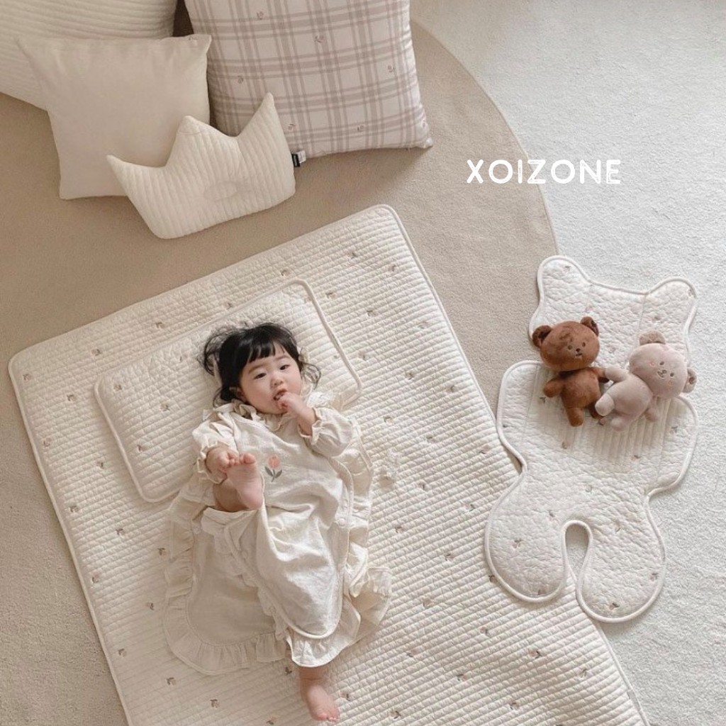 Đệm lót xe đẩy Dottodot Malolotte họa tiết thêu &amp; Tựa cổ/ Gối cổ Malolotte Made in Korea mỏng cho bé