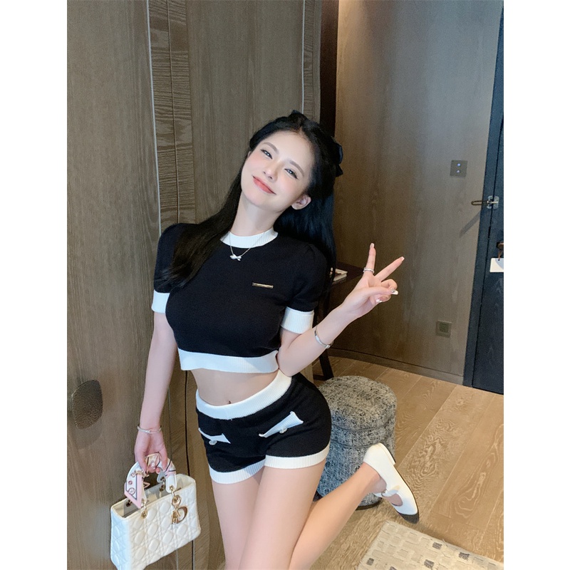 Cocory vn Bộ Áo Dệt Kim Ngắn Tay + Quần Short Lưng Cao Dáng Ôm Thời Trang Quyến Rũ Cho Nữ