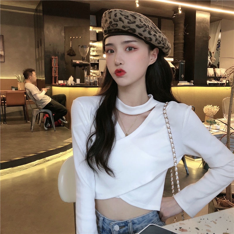 Áo Sweater tay dài ôm dáng cổ yếm đan dây chéo thiết kế mới phong cách Hàn Quốc