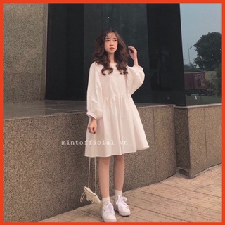 Đầm babydoll nữ kiểu tay ranglang phồng to chiều dài đầm 91cm chiều ngang đầm 47cm chất vải thô mát mẻ freesize<60kg