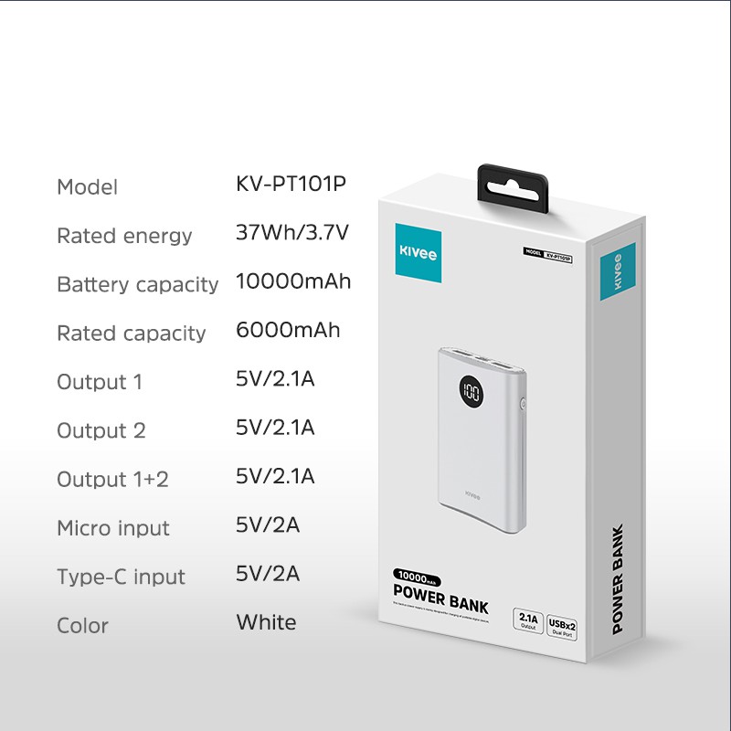 Pin Sạc Dự Phòng Mini Kivee PT101P 10000mah PD 18W Chất Lượng Cao Với Màn Hình LED Điện Tử + 4 Cổng