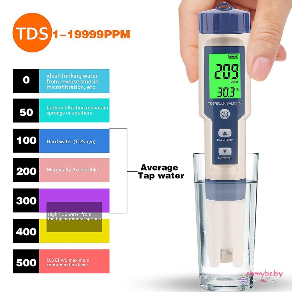 Máy đo nhiệt độ độ mặn 5 trong 1 TDS EC PH Máy đo kỹ thuật số Độ chính xác cao Bút thử [8/6]