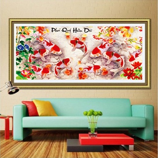 Tranh đính đá cửu ngư quần hội Phú quý hữu dư KT:100x45cm . Tranh gắn đá chưa gắn.