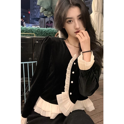 Áo cardigan kiểu SUXI tay dài cổ chữ V ôm dáng vừa vặn vải nhung phong cách Hàn Quốc vintage dành cho nữ