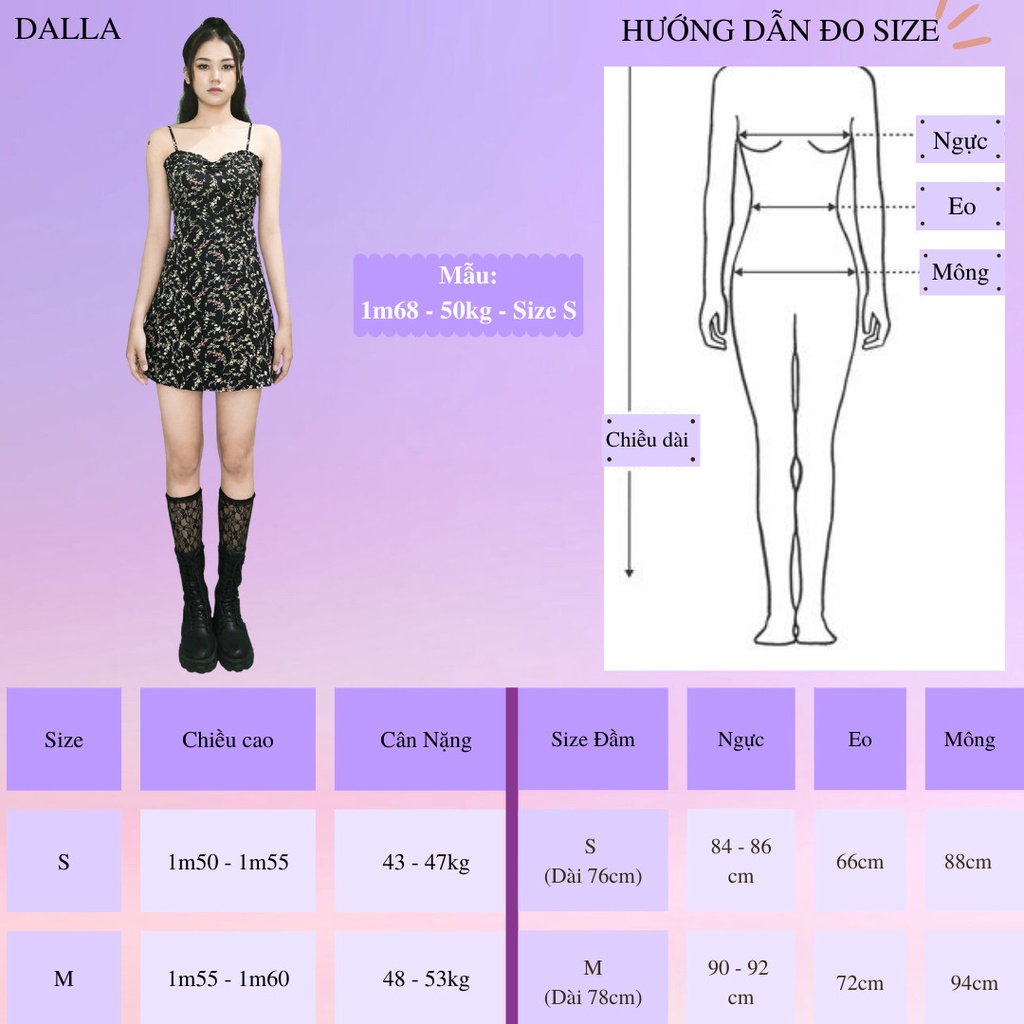 DALLA Đầm hai dây hoa nhí màu trắng và đen
