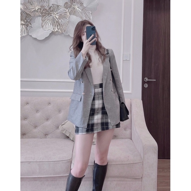 Áo vest kẻ cúc đồng 6 cúc