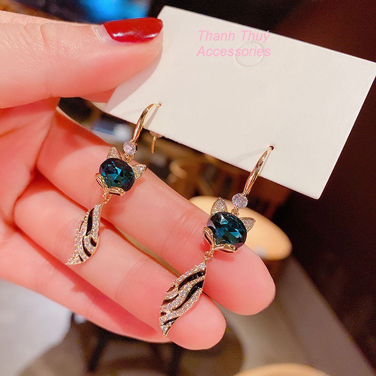 Bông tai hợp kim xi mạ bạc 925 hồ ly xanh may mắn tình duyên phiên bản hàn Quốc