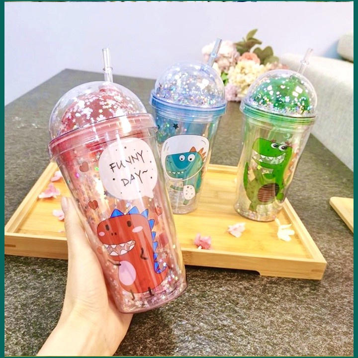 Cốc, Ly Pha Lê 2 Lớp Giữ Nhiệt Hình Ly Khủng Long Nhũ Kim Tuyến 3D Siêu Cute,Tặng Kèm Ống Hút 500ml