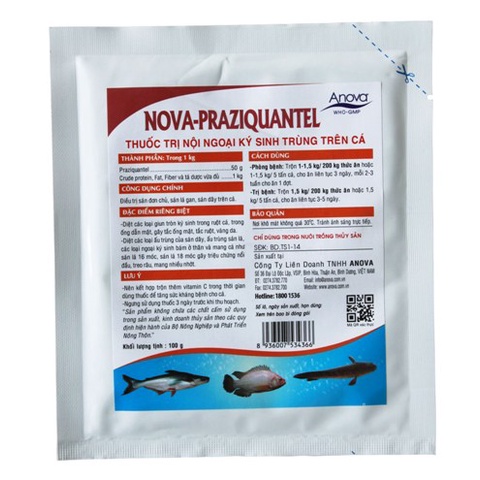 ANOVA Nova Praziquantel - sản phẩm hổ trợ sức khỏe cho cá lươn ốc, gói 100gr