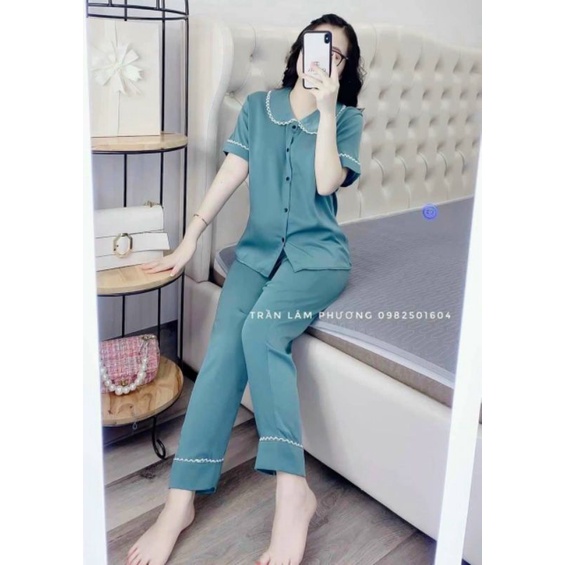 Bộ Pyjama Thiết Kế Cổ Ren Tay Cộc Quần Dài Siêu Hot
