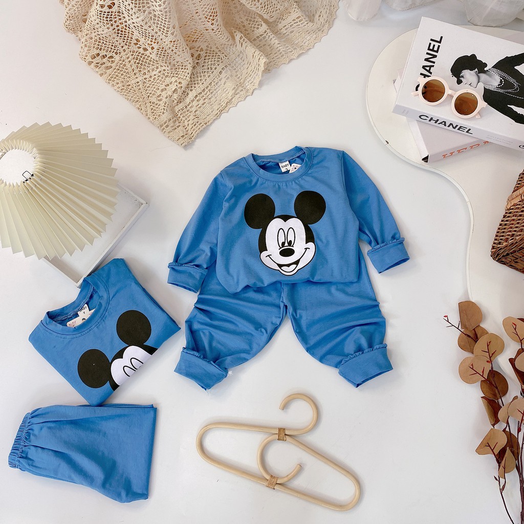 Bộ Quần Áo Dài Tay Mùa Thu In Hình Micky Xanh Trời Vải Cotton Cho Bé Trai Từ 8-20kg Mã DT21