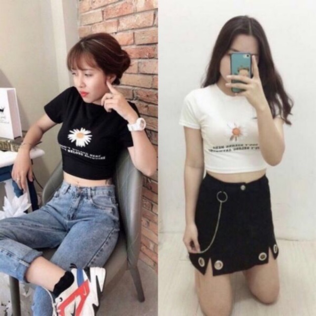 [ Mã FADIRECT5K giảm 5K đơn bất kỳ] Áo Croptop Tay Ngắn Thêu Hoa Cúc + Chữ