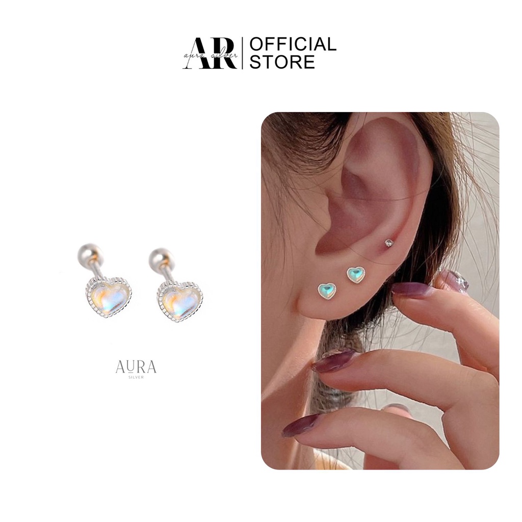 Khuyên tai bạc nữ 925 bông tai trái tim đá mặt trăng Moon Stone-KT51