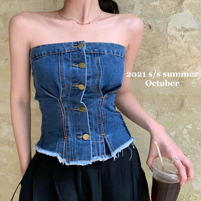 Áo Ống Ngắn Không Tay Vải Denim Thời Trang Mùa Hè Gợi Cảm Dễ Phối Đồ