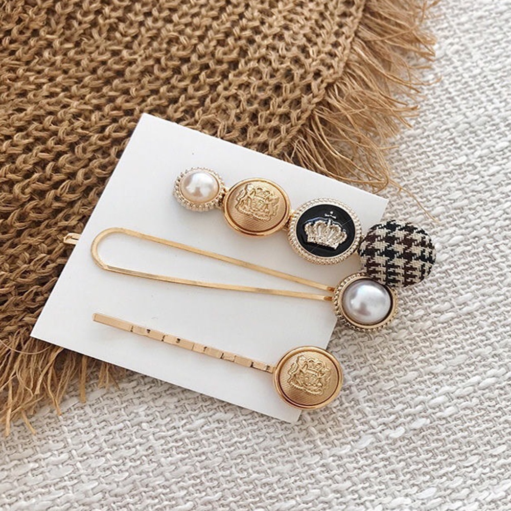 Set 3 kẹp tóc đính ngọc trai giả phong cách retro