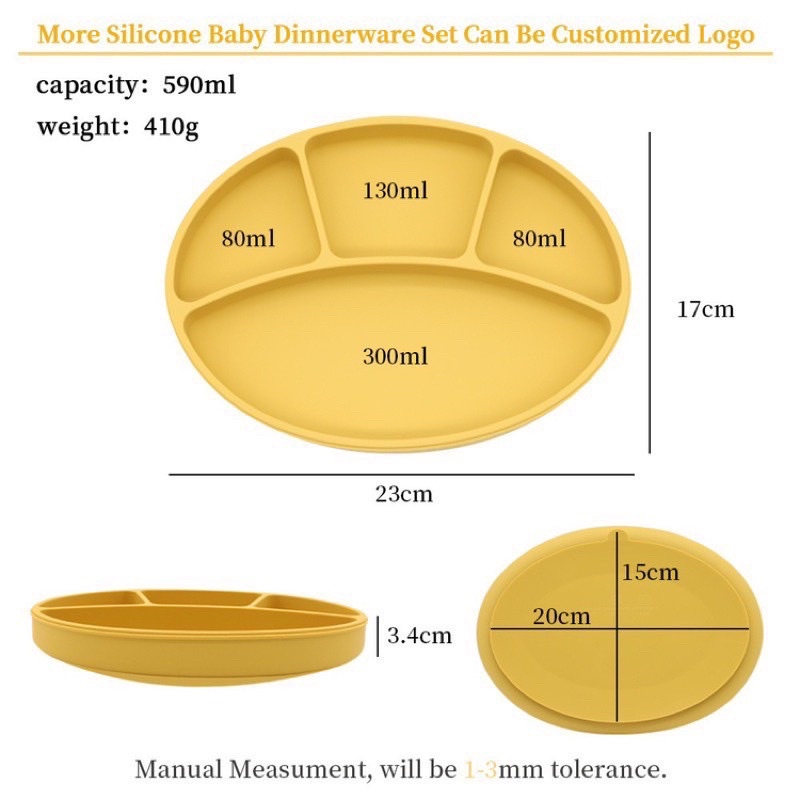 Khay ăn dặm silicone hình oval kèm nắp cho bé ăn dặm, đế hít chân không chống đổ chống lật