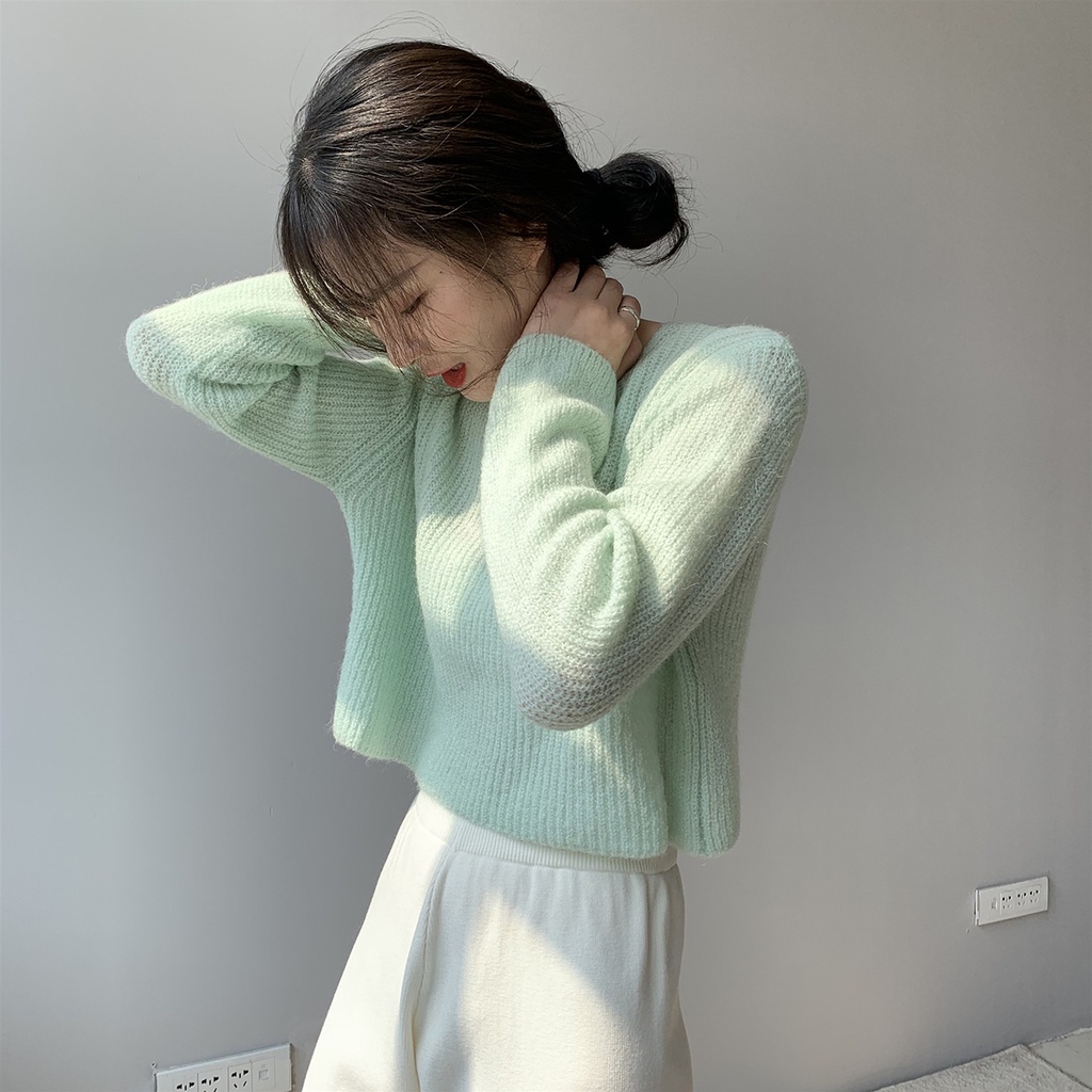 Xiaozhainv Áo sweater croptop dài tay dáng rộng thời trang Hàn Quốc cho nữ