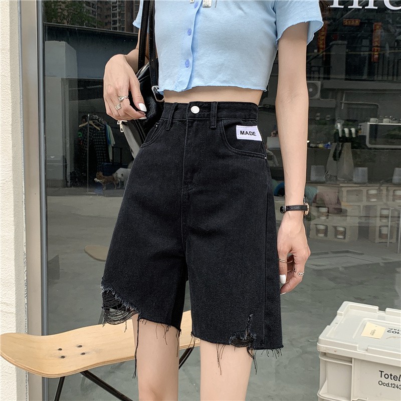 Korean style loose high waist slimming hole raw edge wide leg denim shorts women