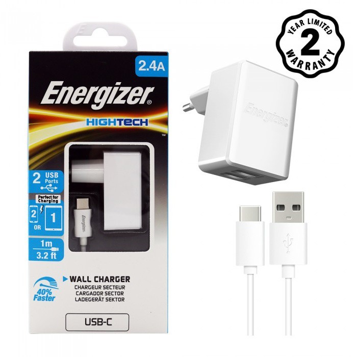 Sạc Energizer HT 2.4A 2USB + Kèm cáp USB Type-C 2.0 - ACW2BEUHC23