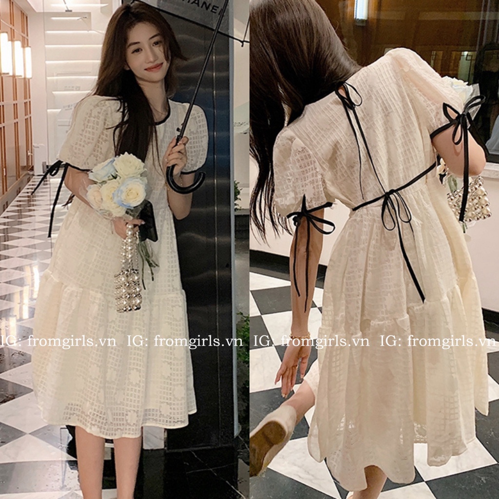 Đầm babydoll dáng dài, váy babydoll hoa nổi hai lớp tay phồng - V84