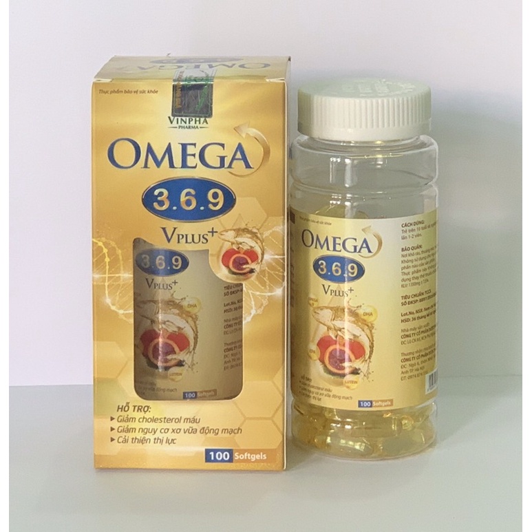 Viên uống OMEGA 369 Vplus+  Hộp 100 viên  Làm giảm mỏi mắt, khô mắt, hỗ trợ tim mạch