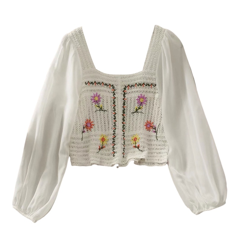 Áo Sweater Dệt Kim Vải Voan Tay Phồng Cổ Vuông Thêu Hoa Kiểu Pháp Xinh Xắn Cho Nữ