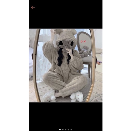 Bộ Lông Gấu có Túi Vòng Cổ mùa Đông🌸Đồ nữ ngủ Ullzang☘️Lông cừu giữ nhiệt, dày dặn, set mặc nhà | BigBuy360 - bigbuy360.vn
