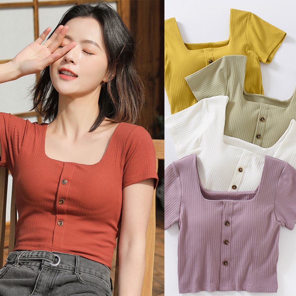 Áo Thun Tay Ngắn Cổ Vuông Có Miếng Đệm Ngực Thời Trang Mùa Hè Cho Nữ