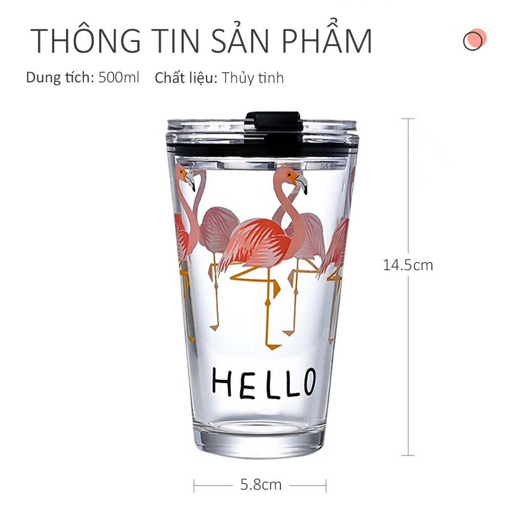 Ly thủy tinh chia vạch dung tích có nắp 450ml chịu nhiệt dùng pha sữa đựng trà in họa tiết dễ thương