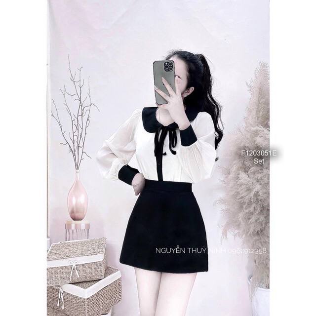 Set áo sơ mi cổ thắt nơ mix chân váy chữ A hàng quảng châu siêu đẹp,điệu đà