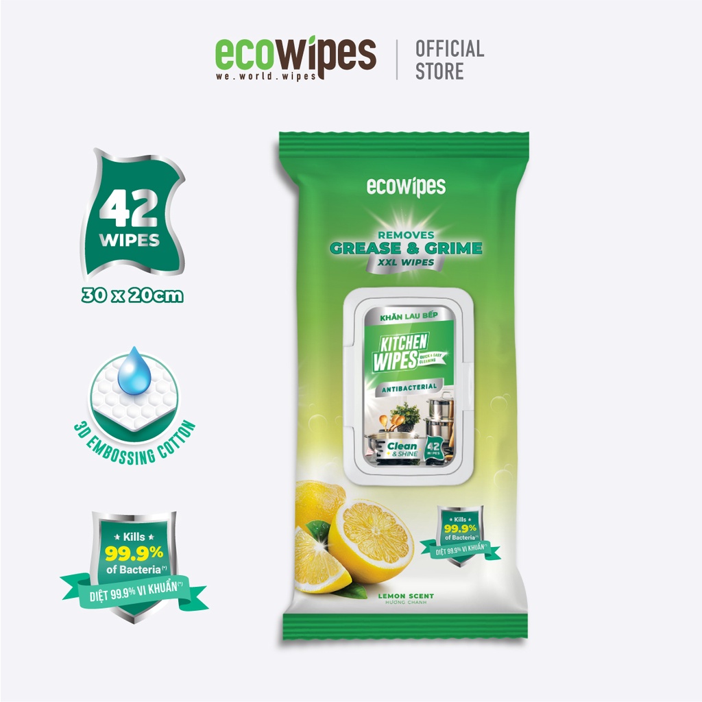 Combo 03 gói KHĂN ƯỚT LAU BẾP EcoWipes 42 tờ/gói - Loại bỏ dầu mỡ và vết bẩn