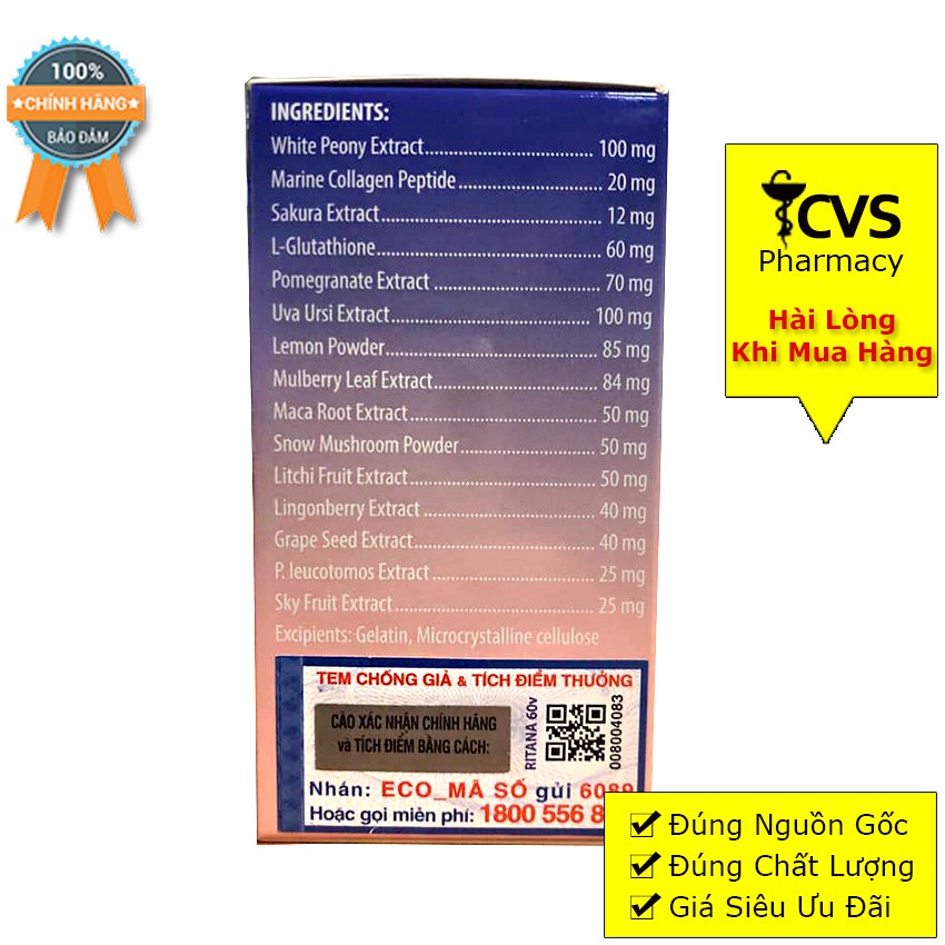 Viên Trắng Da RITANA Skin Whiting – Mờ nám, Giúp chậm lão hóa da, Chống nắng từ bên trong (Hộp 60 viên) | BigBuy360 - bigbuy360.vn