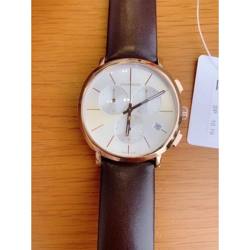 Đồng hồ nam Calvin Klein Thụy Sĩ tone vàng hồng dây da nâu cực sang và mạnh mẽ