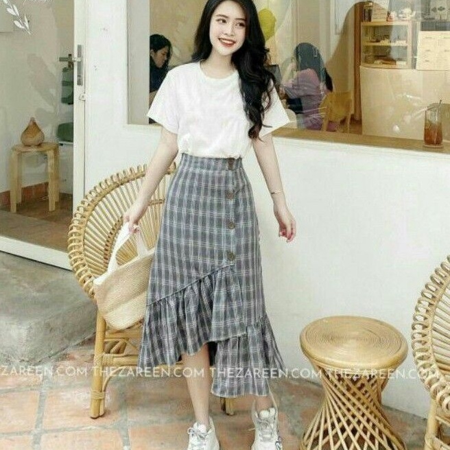 Set Áo Phông Nữ Cao Cấp Mix Chân Váy Kẻ Bèo, Sét Chân Váy Kẻ Phối Áo Cottong Thanh Lịch