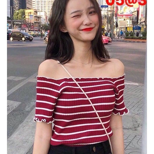 áo bẹt vai sọc chất liệu thun co giãn form đẹp dưới 52ký