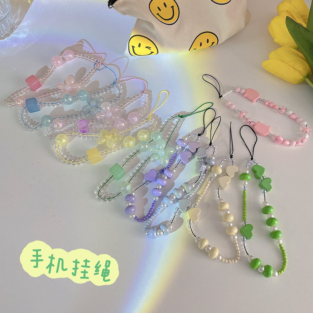 Dây đeo điện thoại nhiều màu đính cườm bông hoa trái tim đa năng cho cho tai nghe bluetooth ID móc khóa