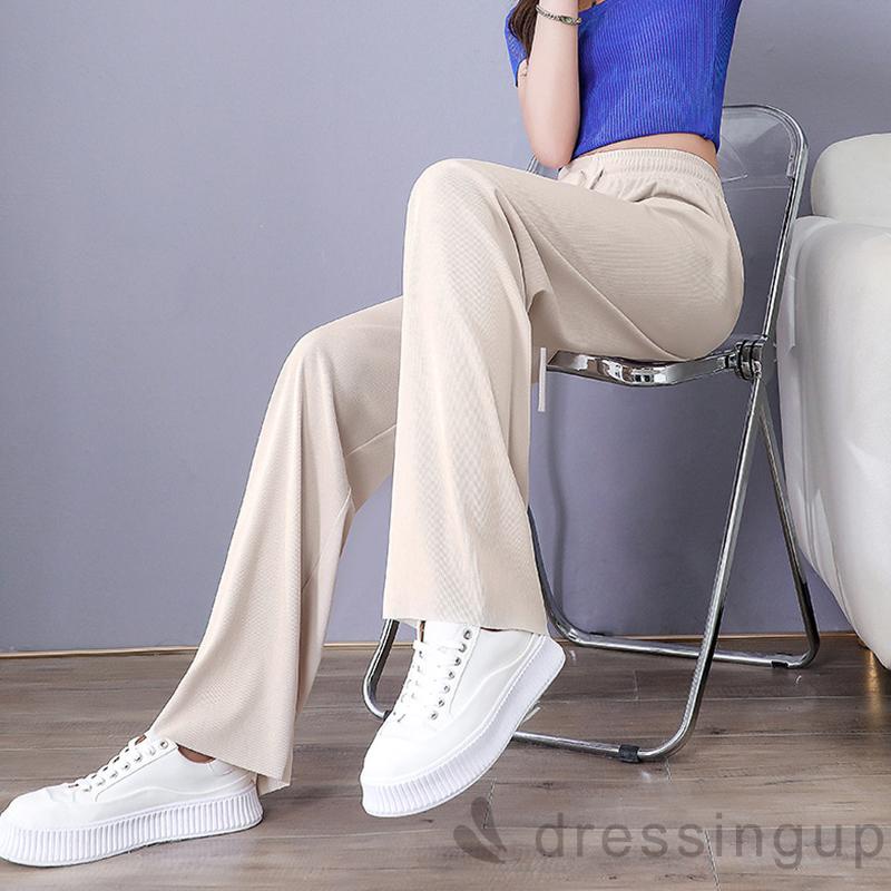 Quần Dài Lưng Cao Ống Rộng Màu Trơn Phối Dây Rút Thời Trang Cho Nữ