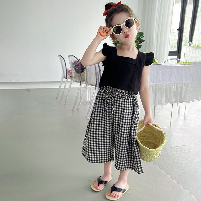 Set Áo Cổ Vuông Tay Cánh Tiên Màu Đen + Quần Dài Lưng Thun Phong Cách Hàn Quốc Dễ Thương Cho Bé Gái