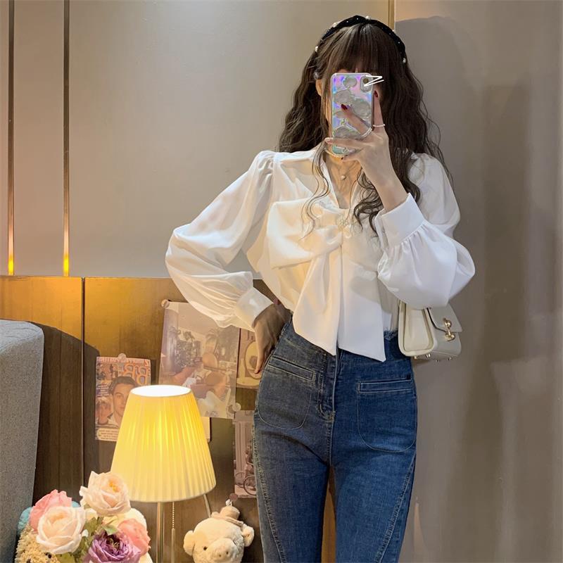 Áo Sơ Mi Tay Dài Cổ Chữ V Thắt Nơ Phong Cách Pháp Thời Trang 2022 Cho Nữ