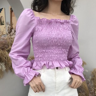 [hàng sẵn] ÁO TRỄ VAI TÍM TAY DÀI BO CHUN DÚM NGỰC HOT - ÁO MẶC 2 KIỂU TÍM BÁNH BÈO