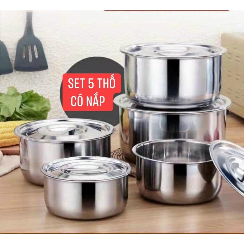 💥MỚI💥SET 5 ÂU INOX CAO CẤP TIỆN LỢI - ĐA NĂNG (KÈM NẮP ĐẬY ) KT:16-18-20-22-24cm