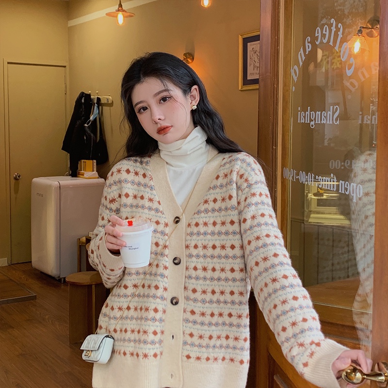 Áo Khoác Cardigan Dệt Kim Tay Dài Cổ Chữ V Phối Nút Phong Cách Vintage Hàn Quốc