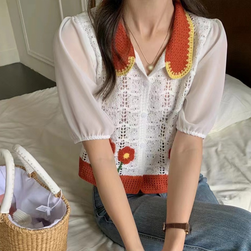 Áo Croptop Đan Móc Tay Phồng Thời Trang Cho Nữ