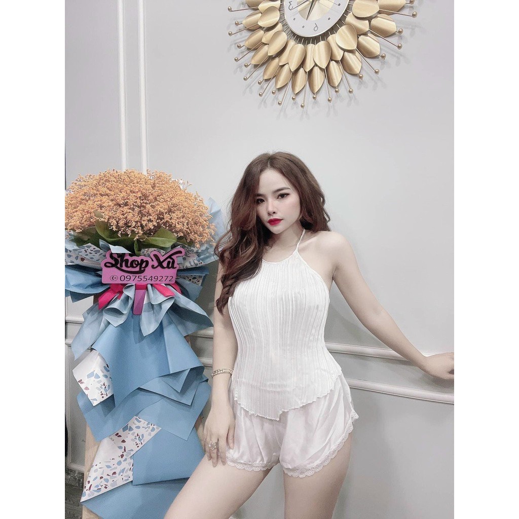 Đồ ngủ sexxy/ Yếm dập ly, chất liệu satin cao cấp mềm mịn, kèm quần gợi cảm, free size dưới 65kg | BigBuy360 - bigbuy360.vn