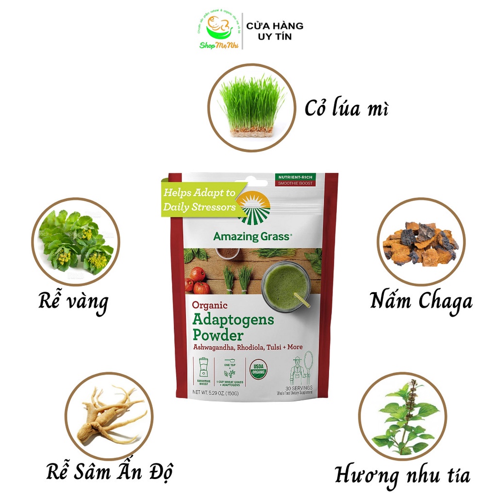 Hỗn hợp bột cỏ lúa mì và thảo dược Amazing Grass Adaptogens Powder giúp giải tỏa căng thẳng, chống mệt mỏi.