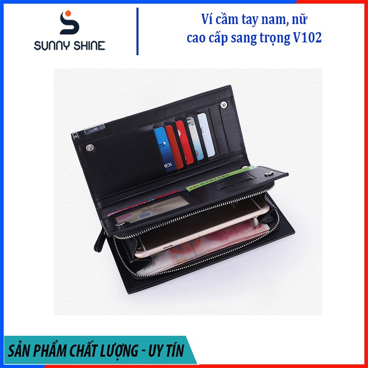 Ví cầm tay dài Baellerry nữ, nam da PU phối da bò dáng đứng cao cấp đen, nâu, dự tiệc sang trọng vừa điện thoại V102 | BigBuy360 - bigbuy360.vn