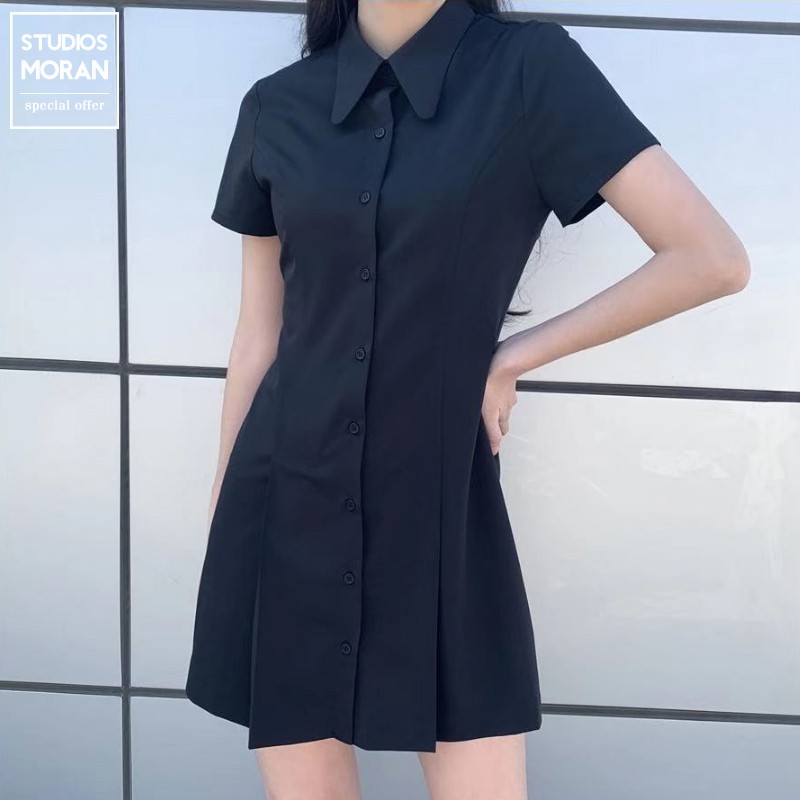 (ORDER) Váy sơ mi MORAN cổ bẻ POLO cài khuy dáng xòe ngắn A-line gấp nếp xếp ly style Hàn Quốc (NEW ARRIVALS HOT)