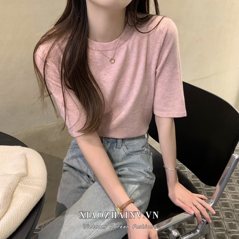 Áo thun dệt kim Xiaozhainv tay ngắn 7 màu sắc đa dạng phong cách Hàn Quốc thời trang cho nữ